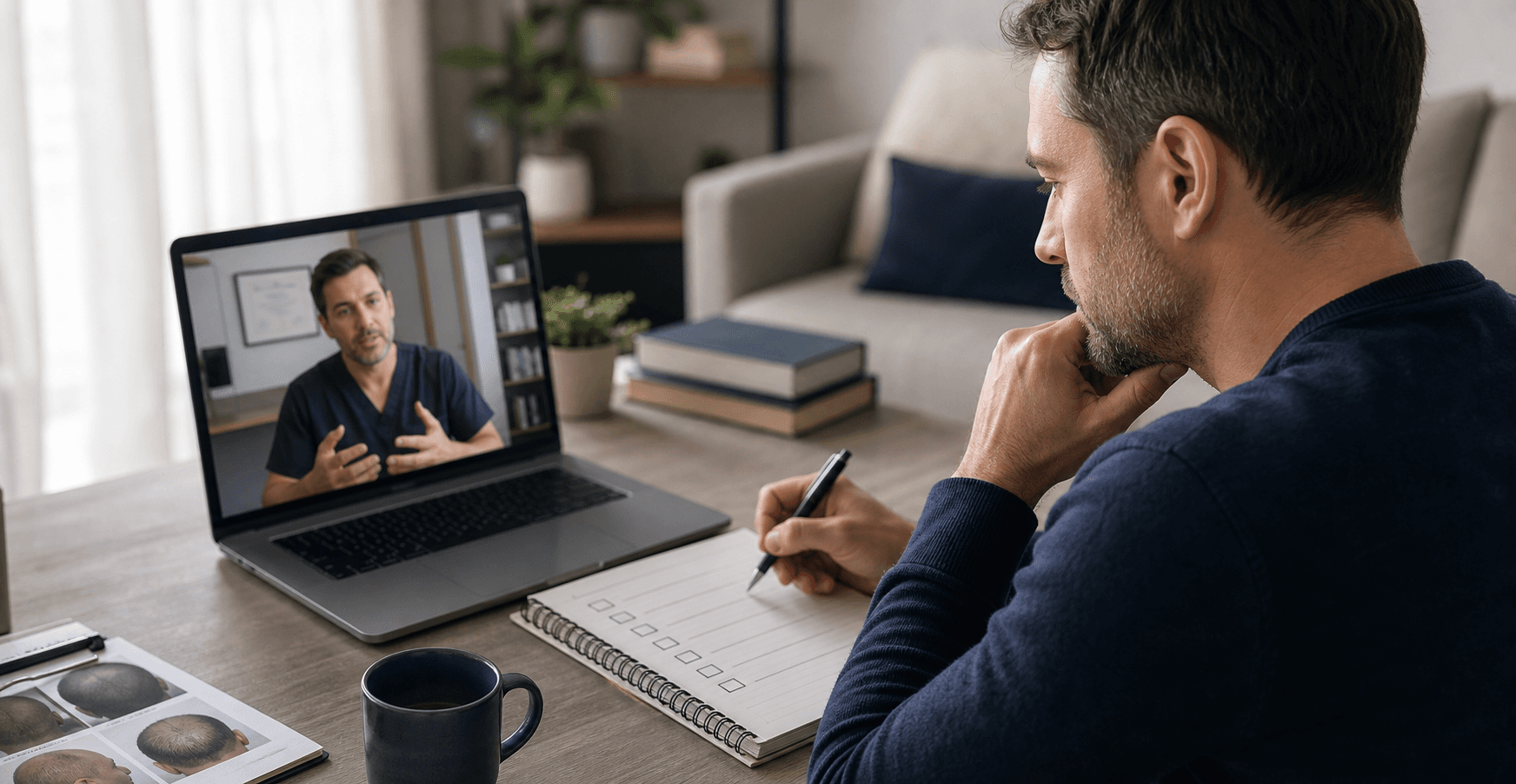Patient reviewing a detailed hair transplant question checklist during an online consultation