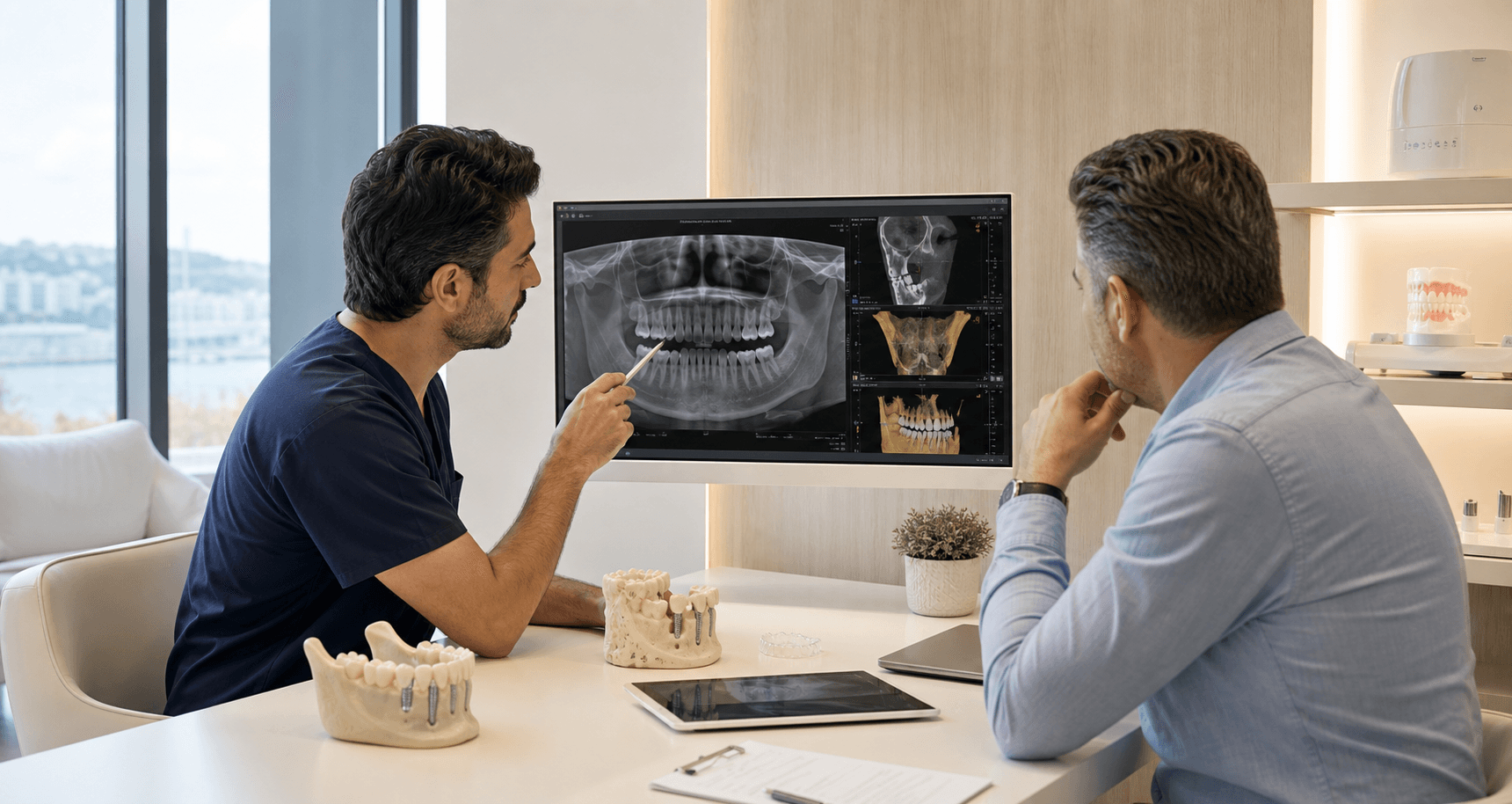 Patient and implant dentist reviewing 3D jaw imaging on a screen in a modern clinic