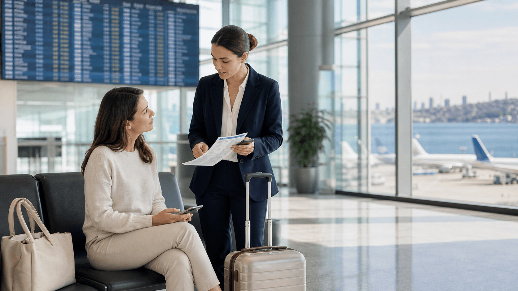 International patient couple meeting a coordinator inside a bright Istanbul airport terminal