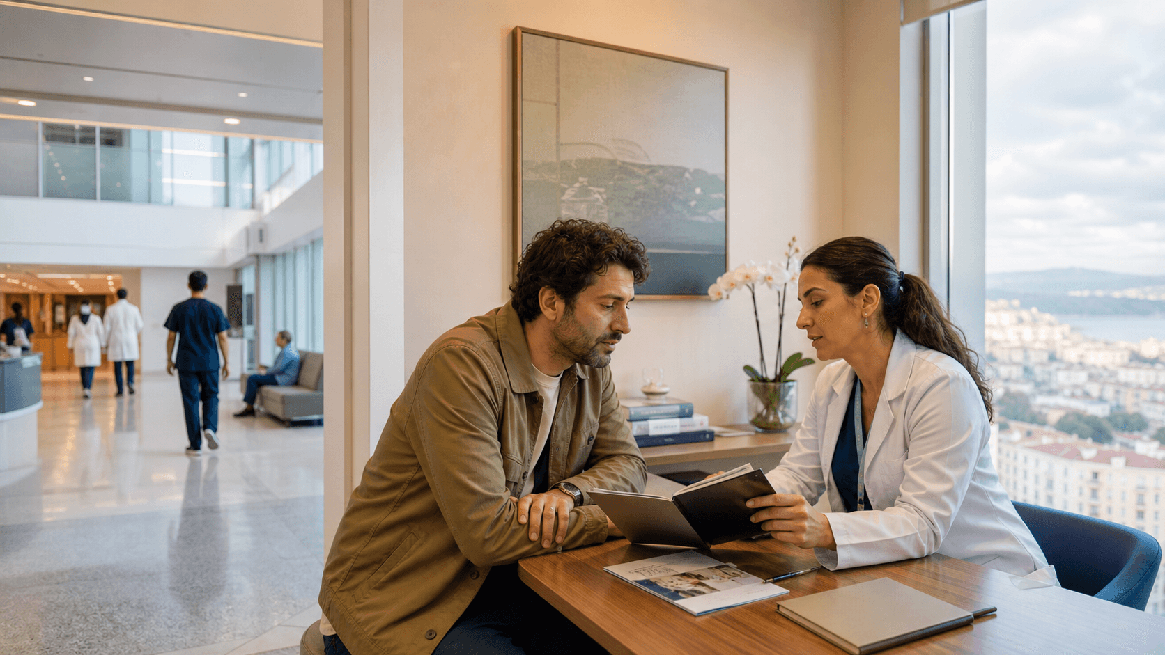International patient reviewing treatment options with a doctor in a modern private healthcare setting in Turkey