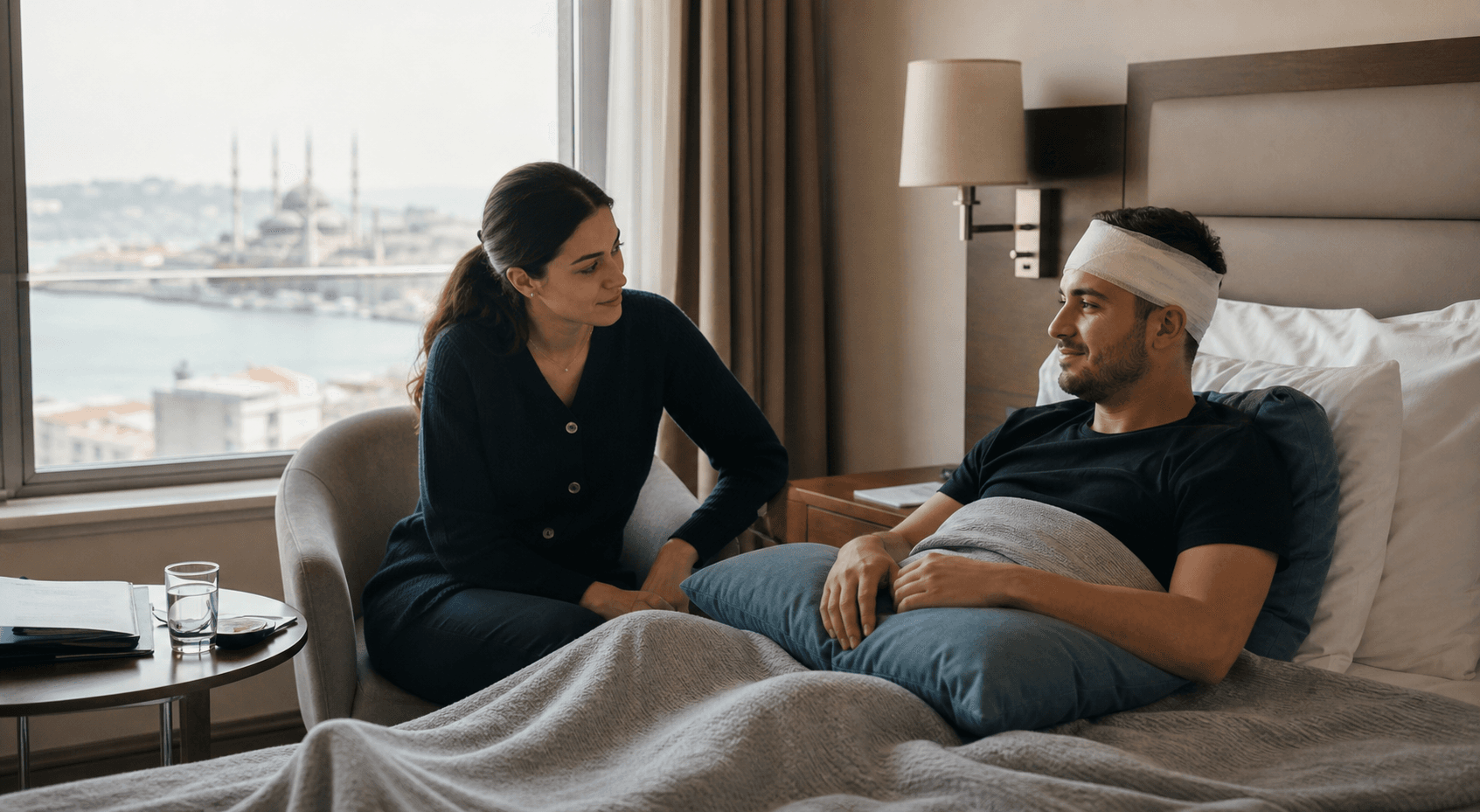 Recovering patient resting comfortably in a hotel room with discharge instructions and support items nearby