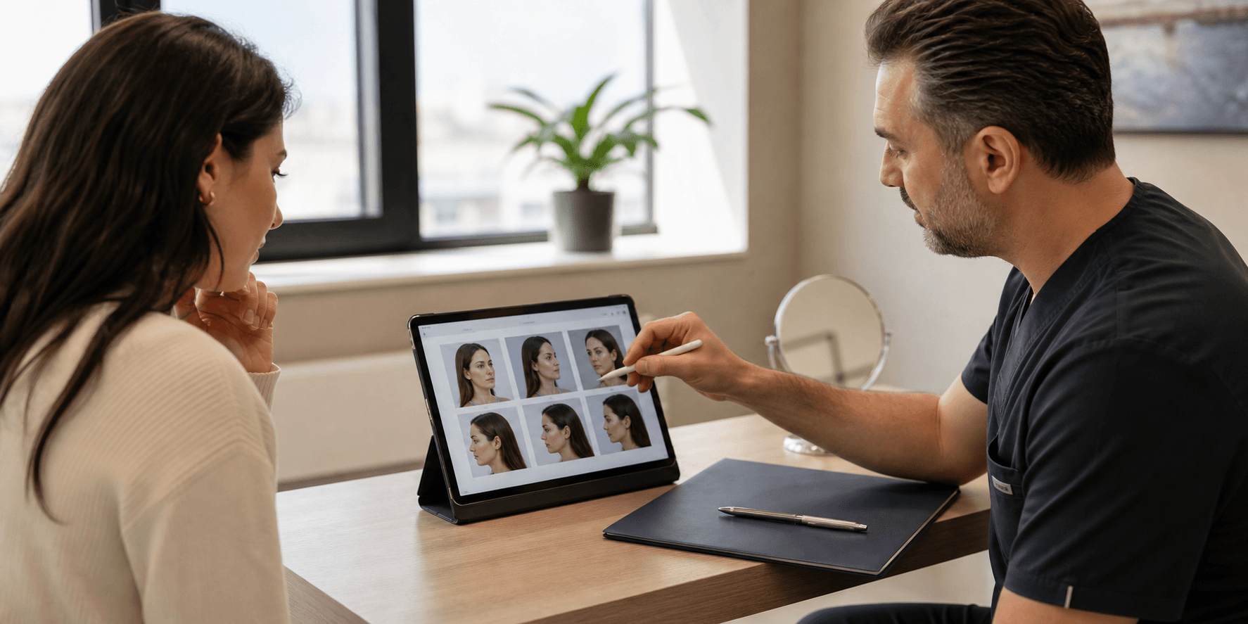Patient carefully reviewing a plastic surgeon profile and case photos in a consultation setting