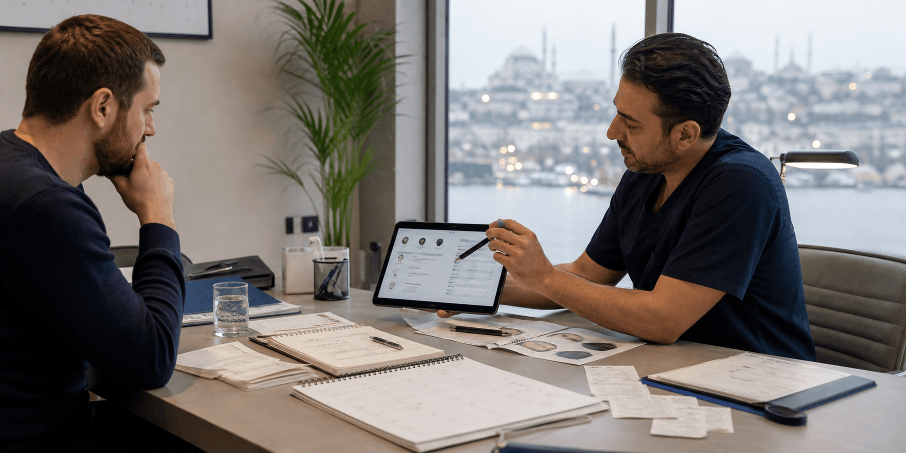 Patient reviewing a hair transplant cost plan with receipts and treatment notes on a desk