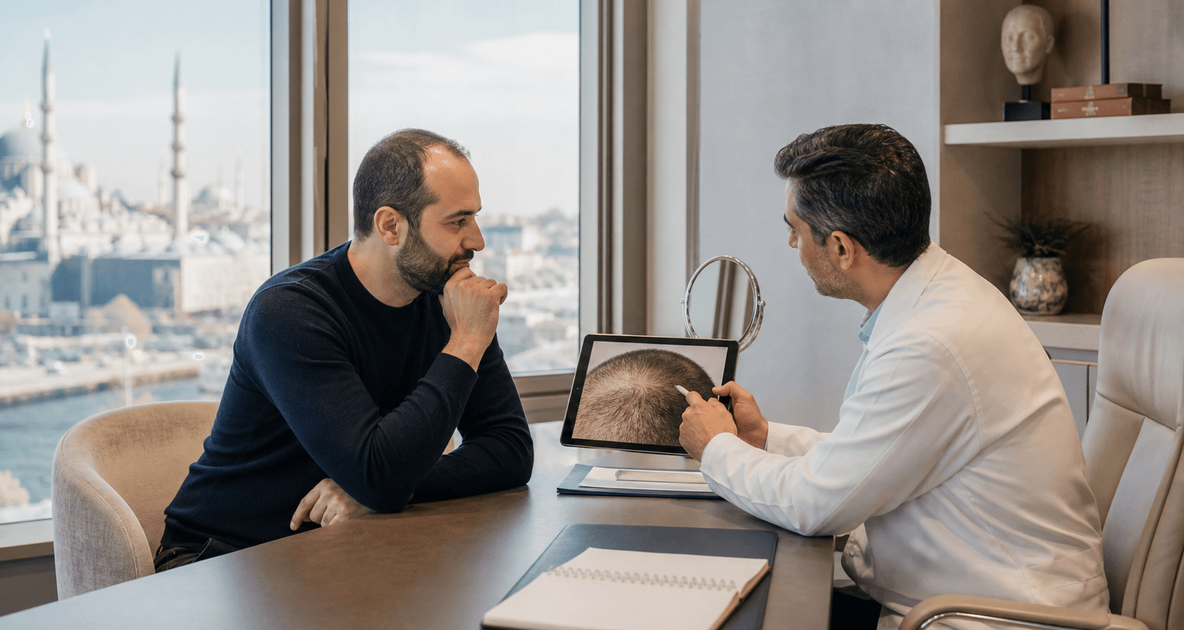 Thoughtful patient discussing hair transplant planning with a specialist in a calm consultation room