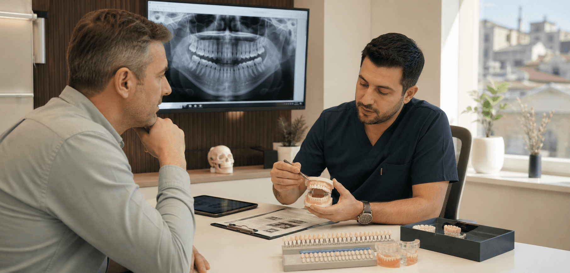 Patient reviewing a full mouth dental treatment plan with panoramic imaging and shade guides