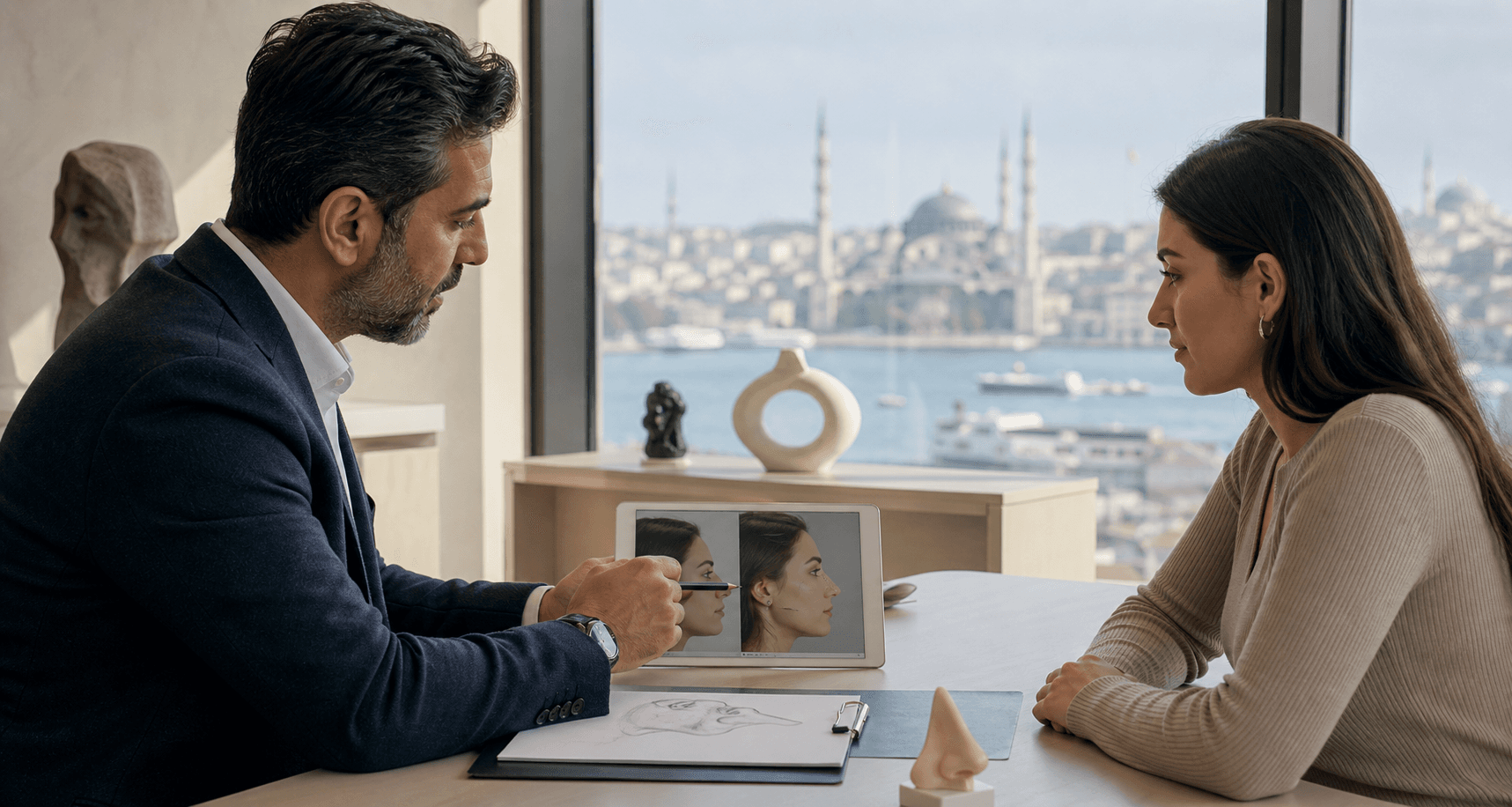 Patient discussing rhinoplasty planning with a specialist against a subtle Istanbul city backdrop