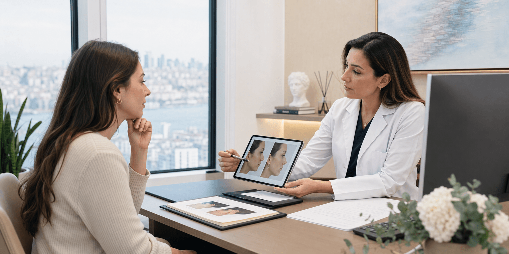 International patient reviewing rhinoplasty options with a Turkish surgeon in a bright private consultation room